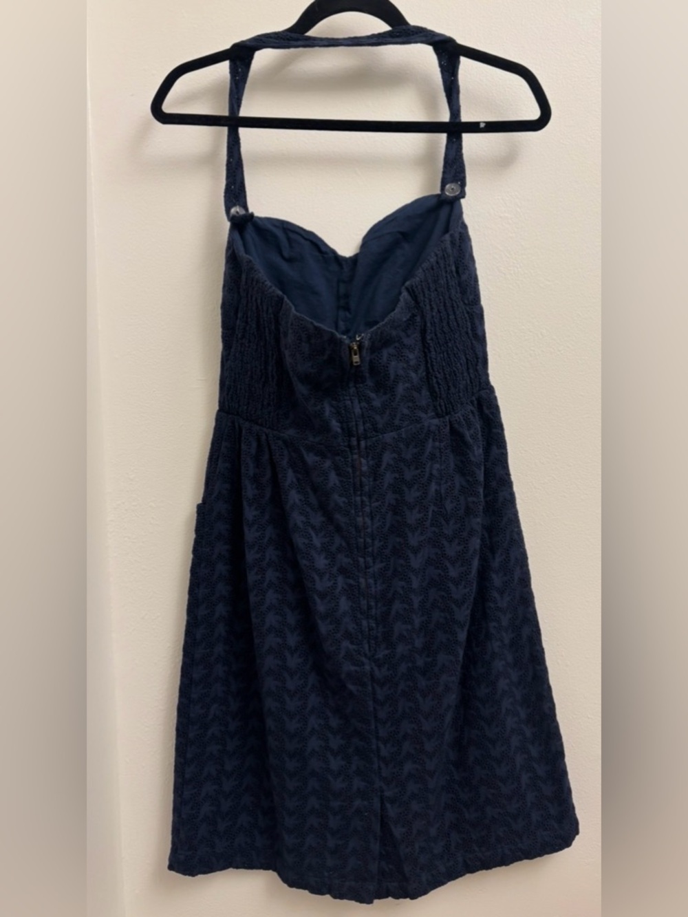 Anthropologie Girls From Savoy Blue Eyelet Swallow Print Halter Dress Size 10 - Picture 5 of 16